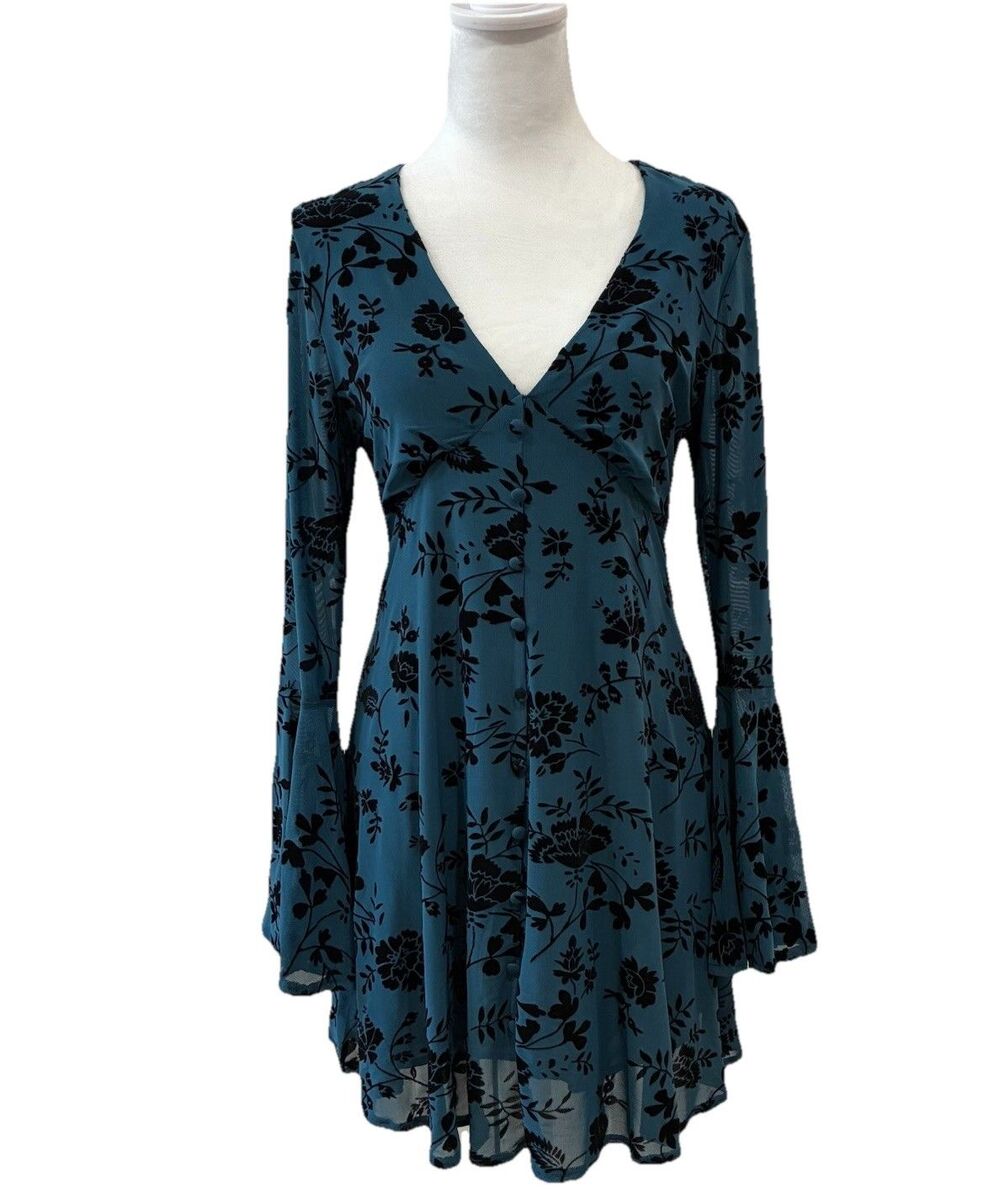 Mi Ami Fairy Whimsigoth Dress XS Blue Black Floral Mini Babydoll Bell Sleeves